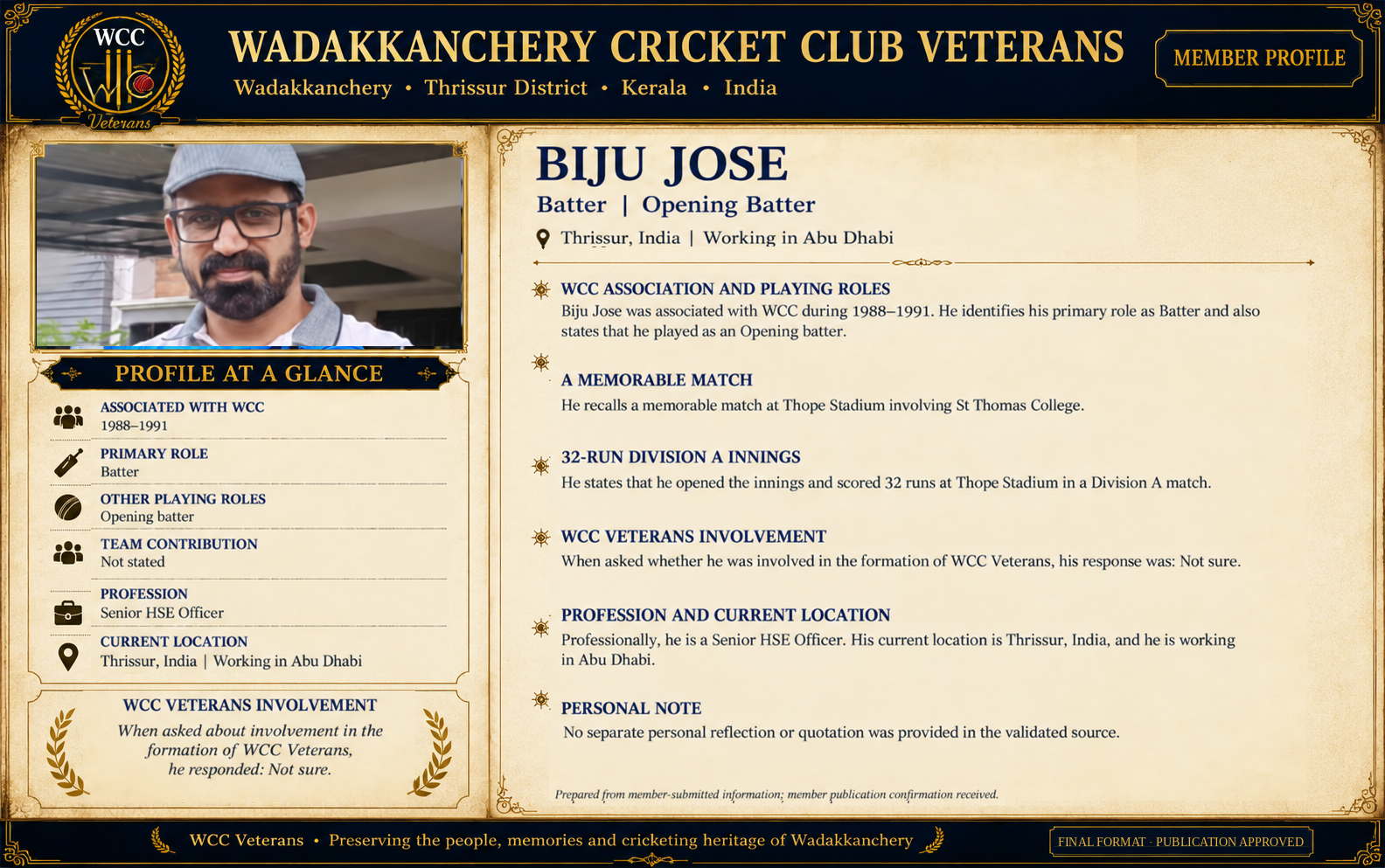 Publication-approved WCC Veterans member profile artwork of Biju Jose