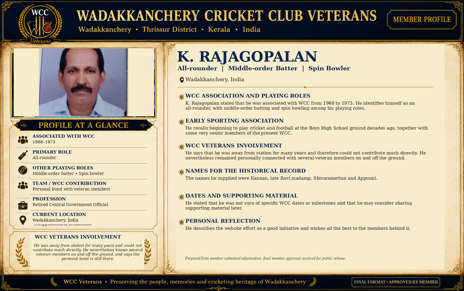 Final approved WCC Veterans member profile of K. Rajagopalan in the approved Bhanu profile structure
