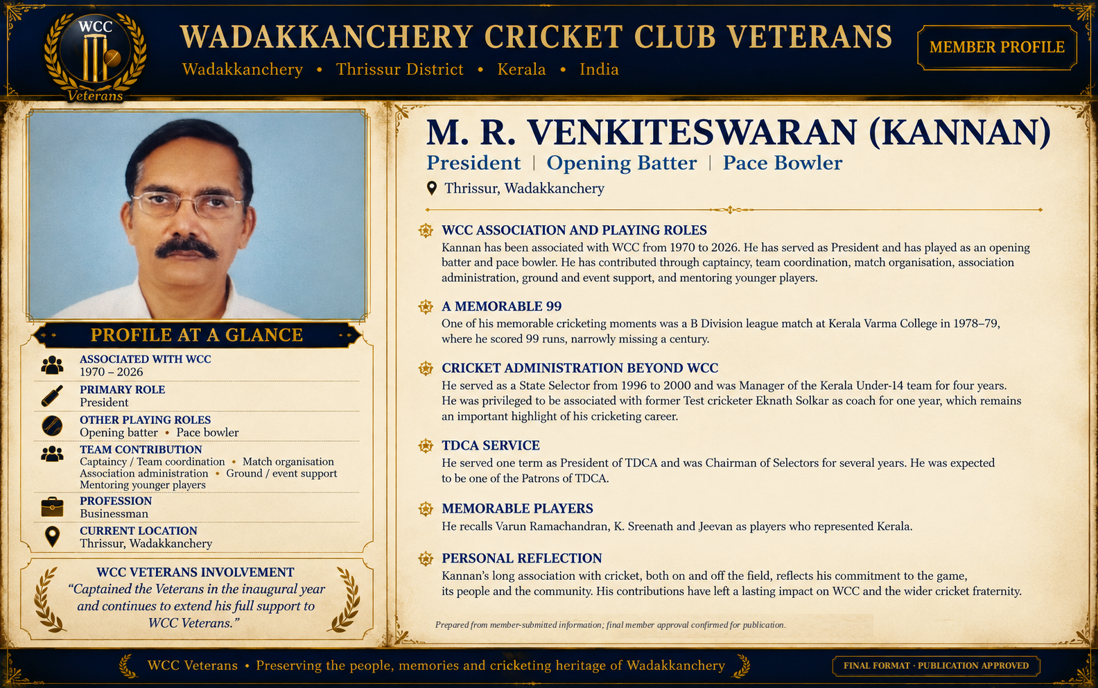Final approved WCC Veterans member profile artwork of M. R. Venkiteswaran (Kannan)