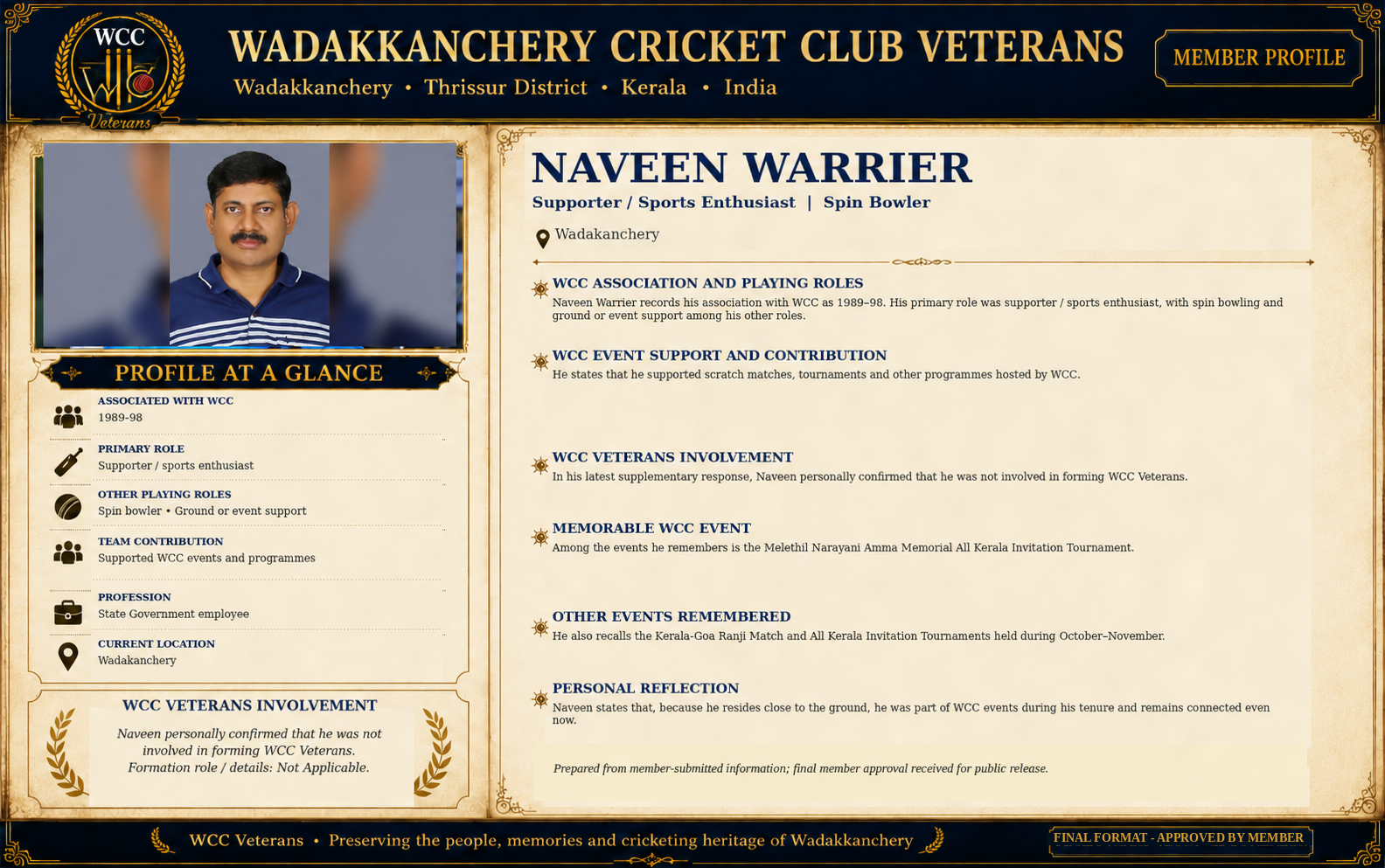 Final approved WCC Veterans member profile of Naveen Warrier in the approved WCC Veterans profile structure