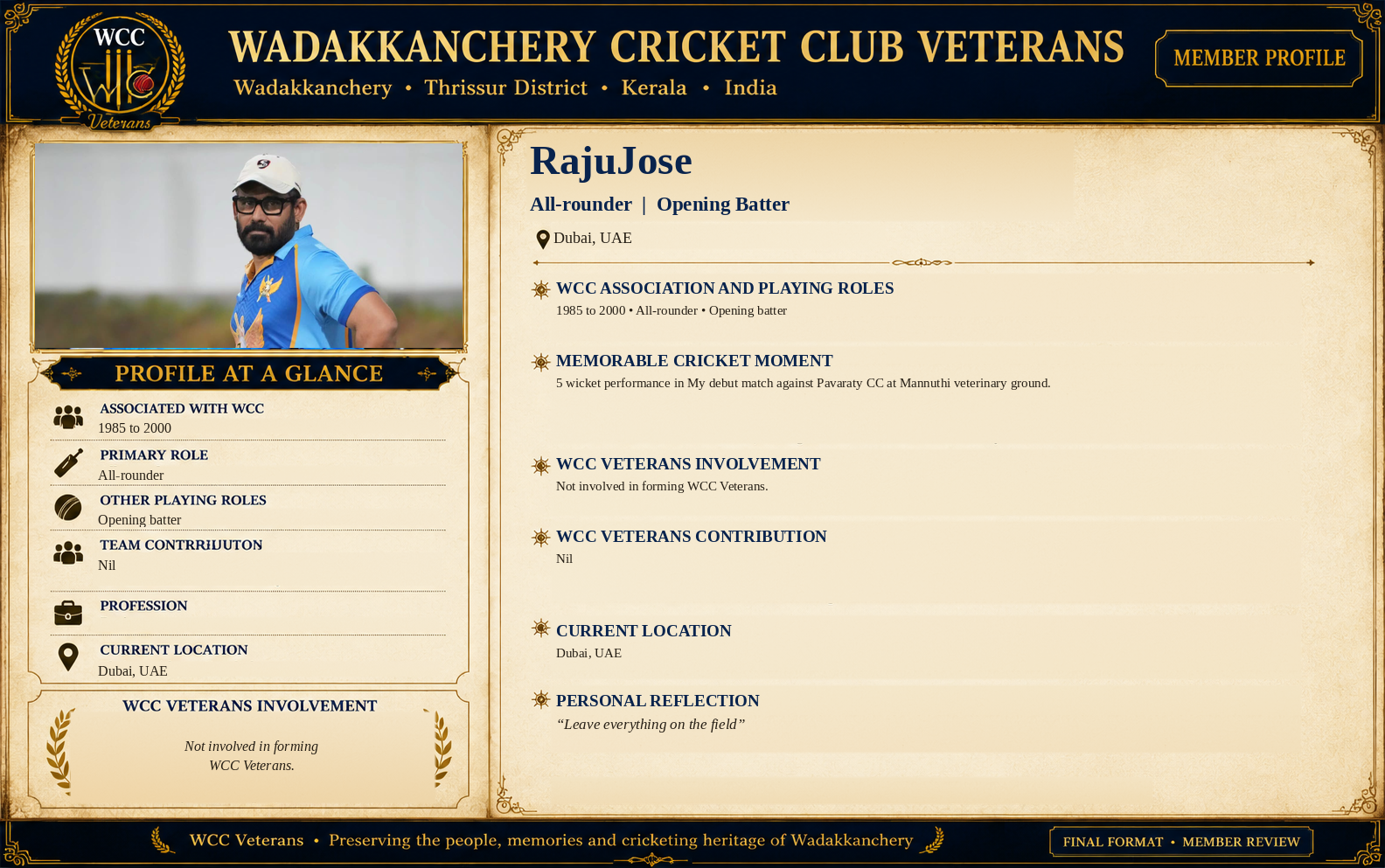Publication-approved WCC Veterans member profile artwork of RajuJose