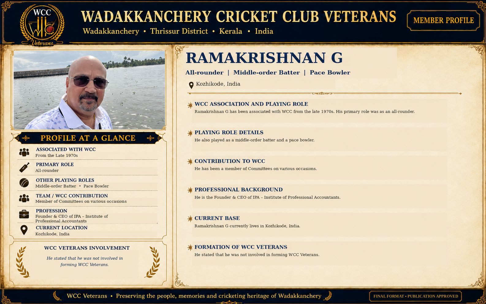 Final approved WCC Veterans member profile artwork of Ramakrishnan G