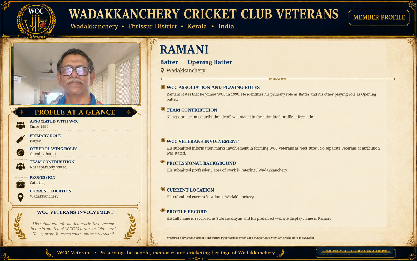 Publication-authorised WCC Veterans member profile artwork of Ramani