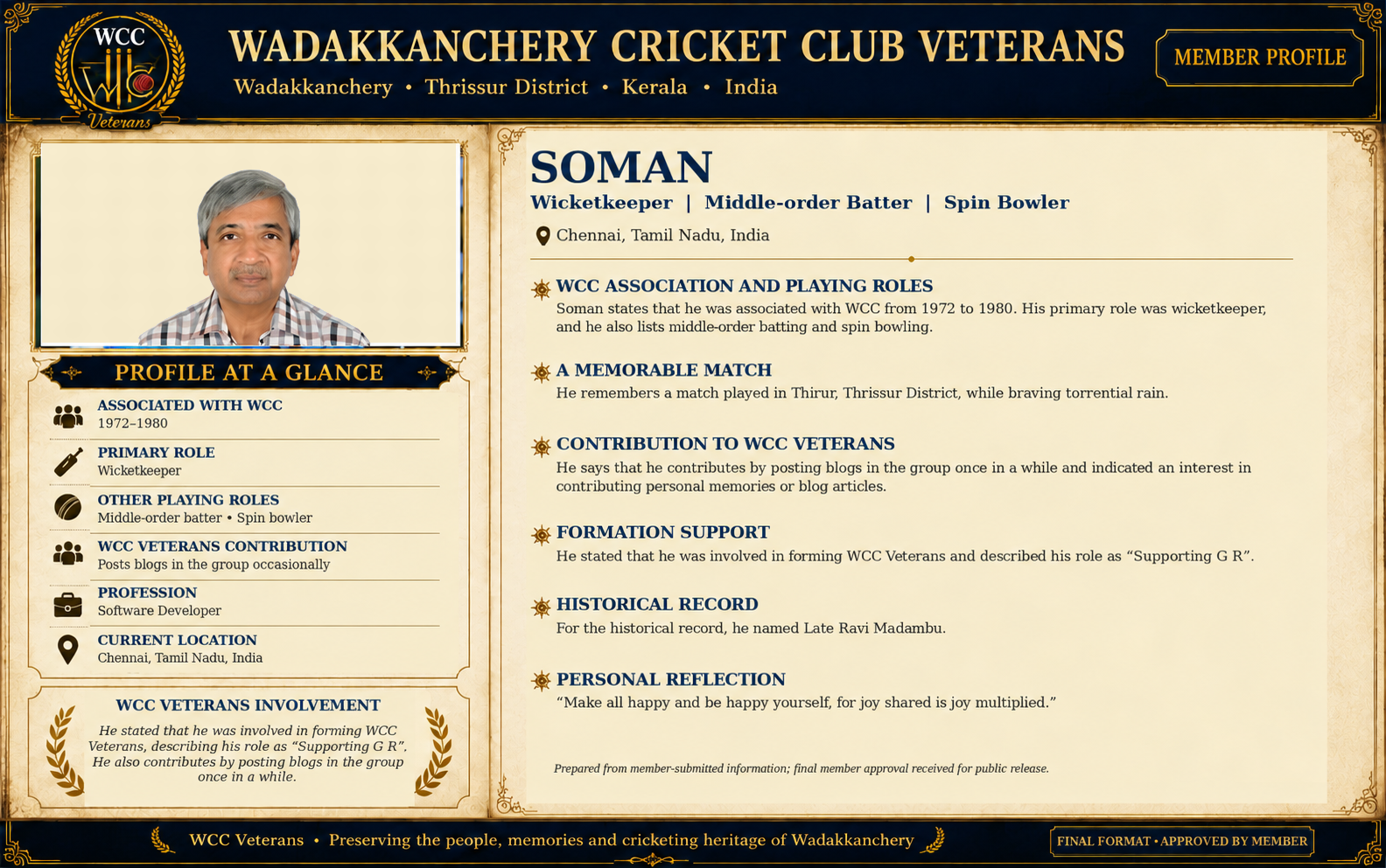 Final approved WCC Veterans member profile of Soman in the approved Bhanu profile structure