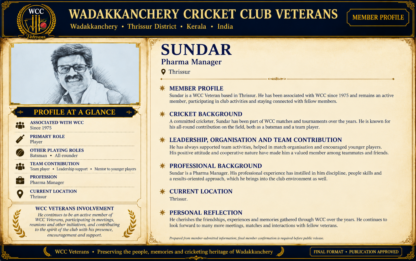 Final approved WCC Veterans member profile artwork of Sundar