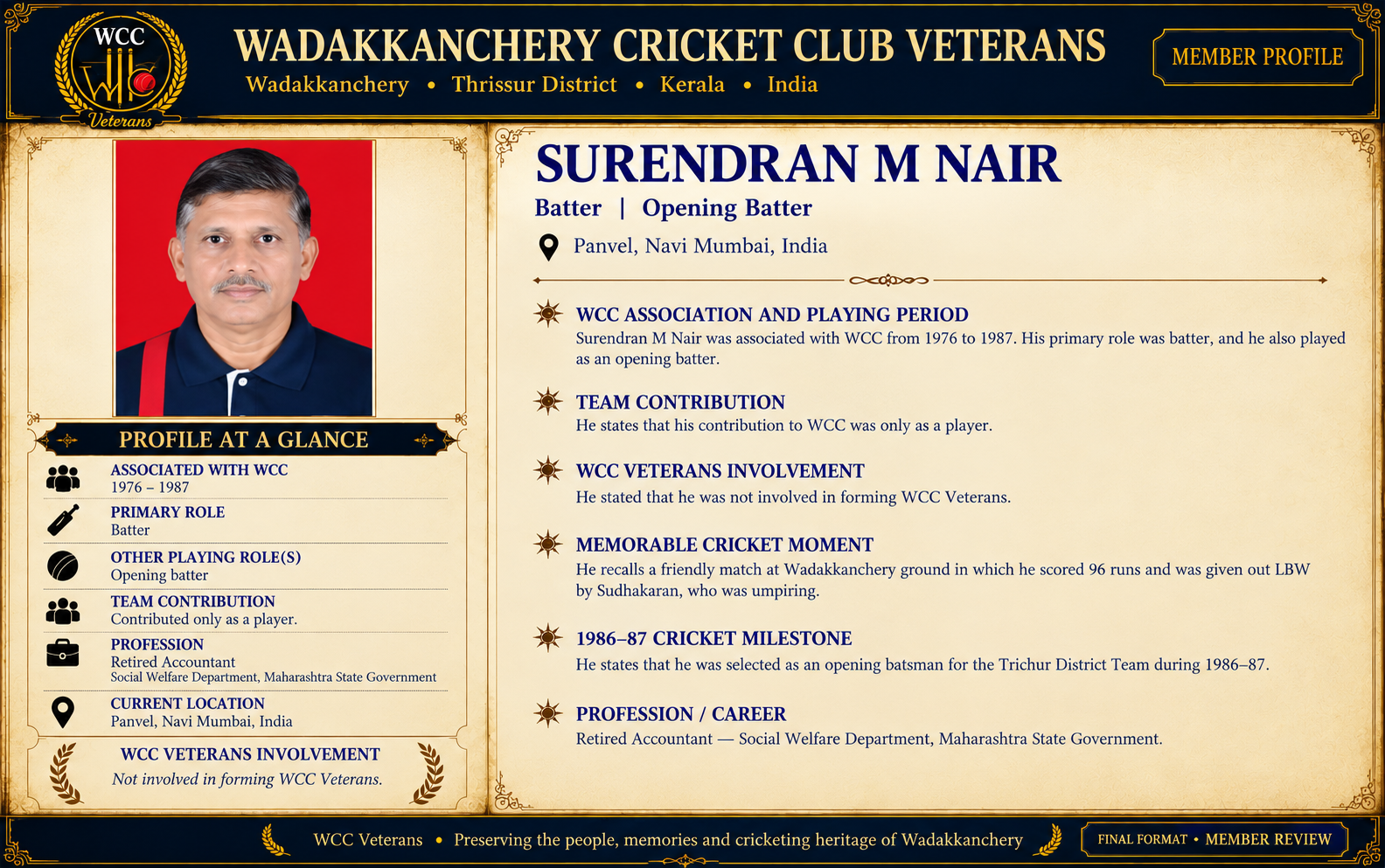 WCC Veterans member profile artwork of Surendran M Nair