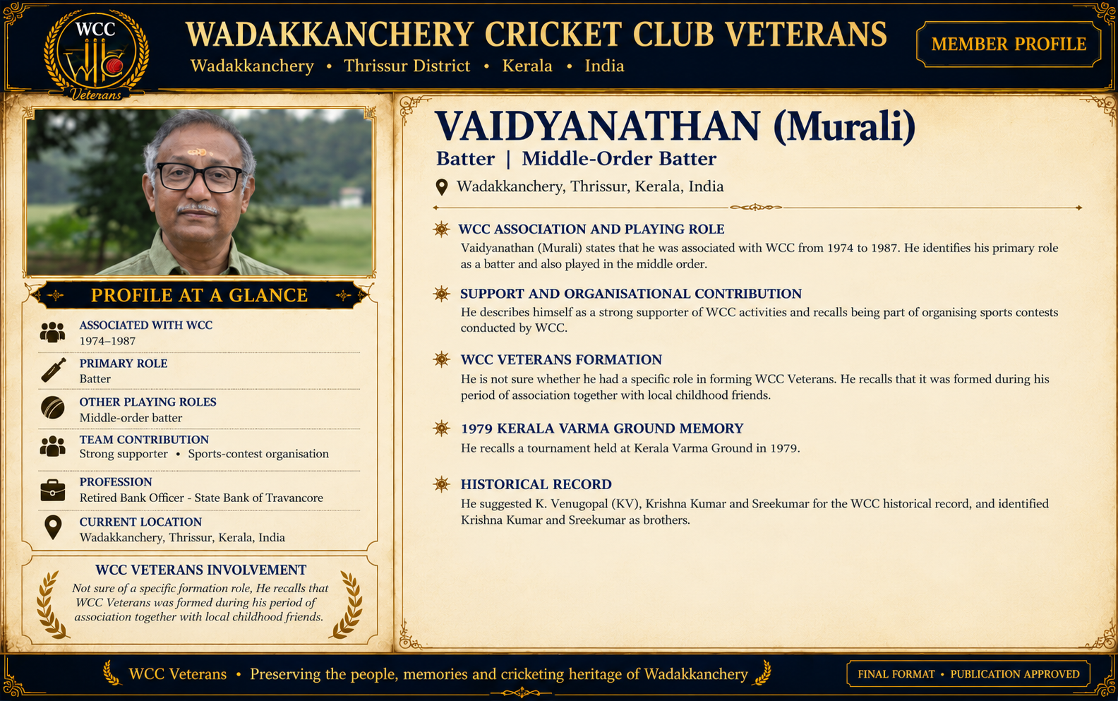 Publication-approved WCC Veterans member profile artwork of Vaidyanathan (Murali)